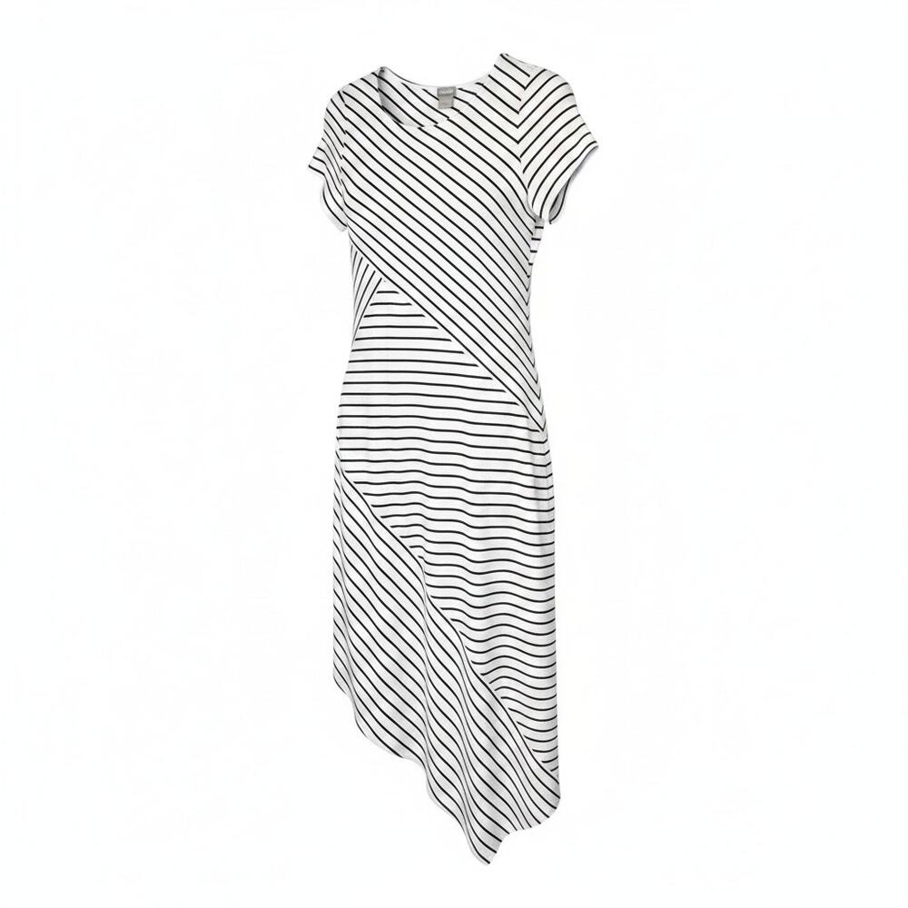 Chico's Woman's Size 1P / 8P Splice B-W Striped Asymmetrical Hem Maxi Dress